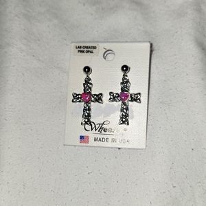 New Wheeler Fashion Pink Opal Heart Cross Hypo Post Earings